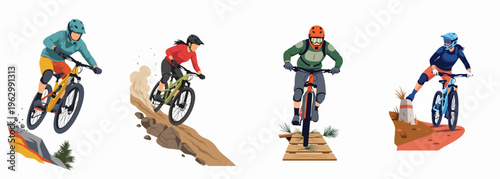 Set of flat vector illustrations featuring mountain bikers in action, including jumping, downhill descent, and trail riding across diverse rugged terrains.