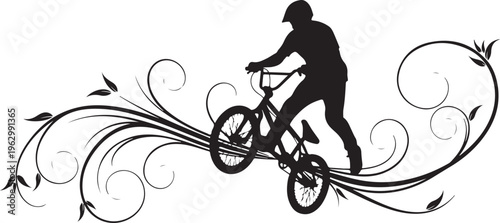 Black silhouette of bmx rider on bike with floral swirls