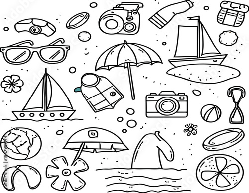 Foto Summer Beach Doodle Icon Set with Sunglasses Boat Camera Umbrella and Travel Ele