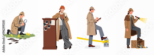 Set of flat illustrations showing male and female detectives in trench coats investigating crime scenes, examining evidence, and solving mysteries on a white background.