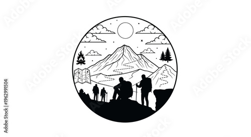 Mountain hiking adventure silhouette trekkers explore scenic nature illustration