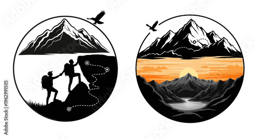 Mountain hiking illustration featuring silhouettes nature landscape and adventure