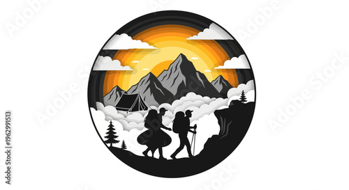 Mountain hiking adventure silhouette of hikers in nature landscape design