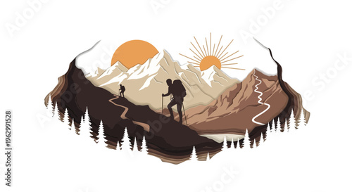 Mountain hiking illustration silhouette of climbers amidst peaks and sun