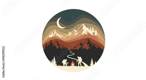 Mountain hiking scene illustration with campfire and hikers silhouette