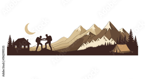 Mountain hiking silhouette illustration featuring adventurous landscape design