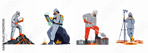 Professional scientists and researchers in hazmat suits conducting volcanic explorations and monitoring lava flows using advanced technological equipment and tools.