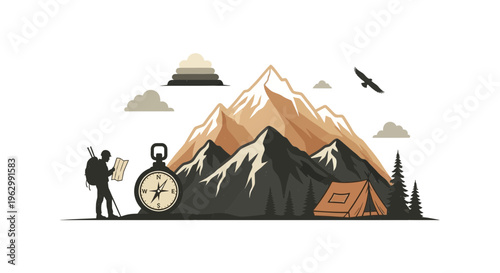 Mountain landscape illustration featuring a hiker compass and tent concept