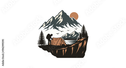 Mountain landscape illustration featuring a hiker and tent with natural elements
