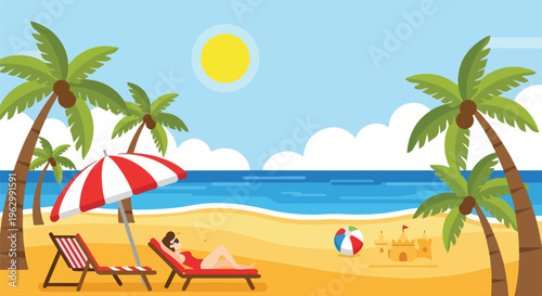 A vibrant illustration shows a beach scene with sunbathers