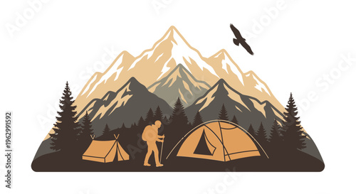 Mountain landscape illustration featuring hiker tents trees and soaring eagle