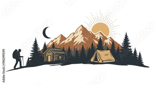 Mountain landscape illustration featuring hiker cabin tent and rising sun