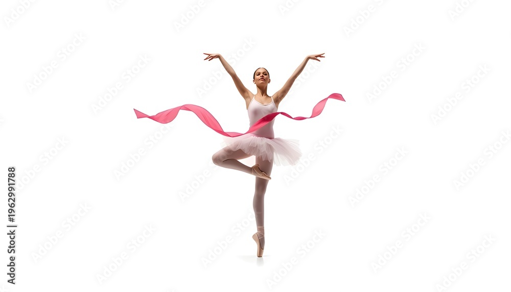 Obraz premium A beautiful young ballerina dancing elegantly with a pink ribbon in a studio