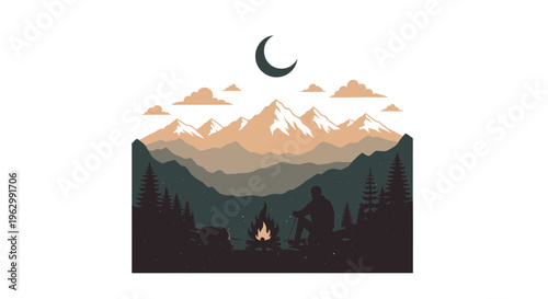 Mountain landscape illustration with campfire silhouette under crescent moon