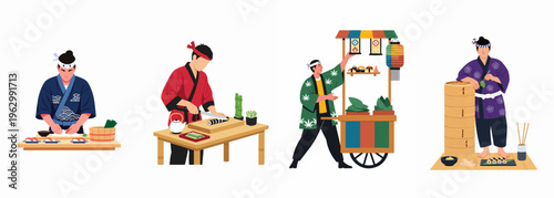 Set of flat vector illustrations depicting traditional Japanese sushi chefs and a street food vendor preparing and selling authentic Japanese cuisine.
