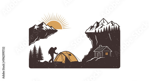 Mountain landscape illustration with hiker and tent camping in nature