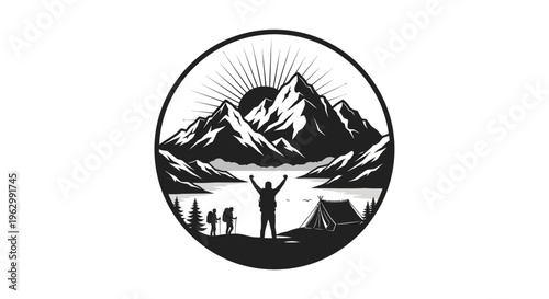 Mountain landscape illustration with hiker silhouette and tent in nature