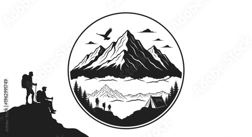 Mountain landscape illustration with hikers and camping equipment