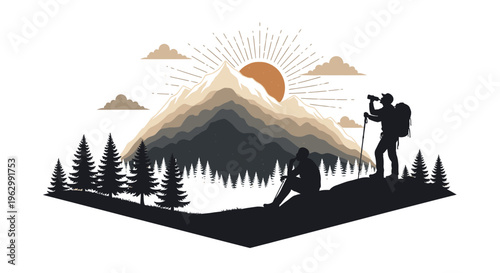 Mountain landscape illustration with hikers and rising sun for adventure design
