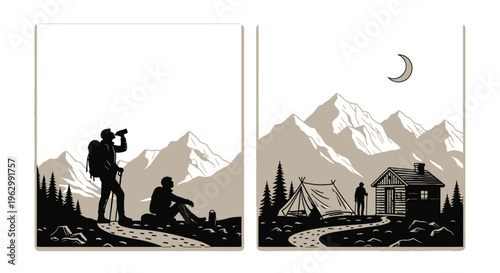 Mountain landscape illustration with hikers and camping site