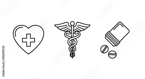 Medical icons displaying a heart caduceus and pills silhouette