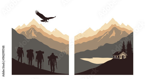 Mountain landscape illustration with hikers and flying eagle vector design