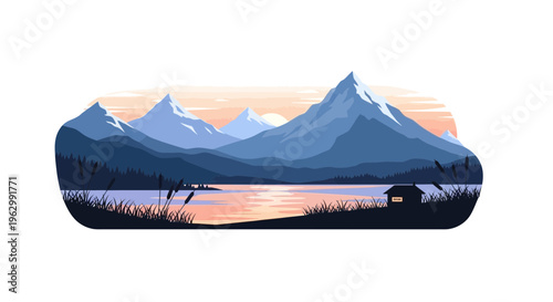 Mountain landscape illustration with lake and house sunset scene vector art