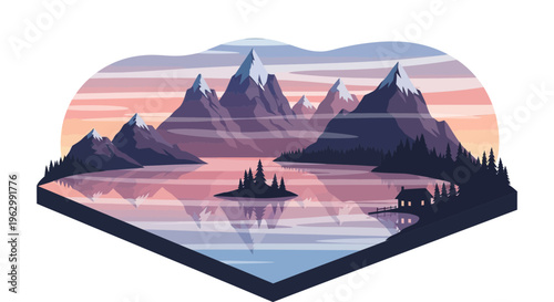 Mountain landscape illustration with lake and reflections against sunset sky