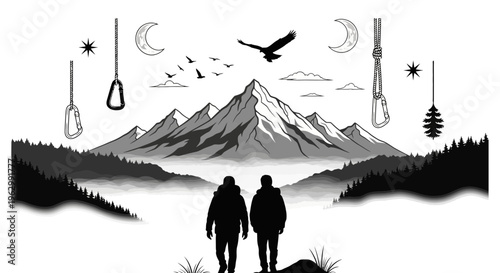 Mountain landscape illustration with hikers eagle carabiners and climbing gear
