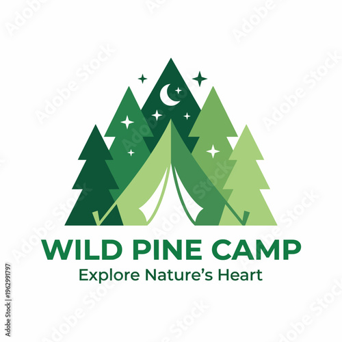 An adventurous logo illustration depicting a camping scene surrounded by pine trees and stars, capturing the essence of outdoor exploration and nature experiences.
