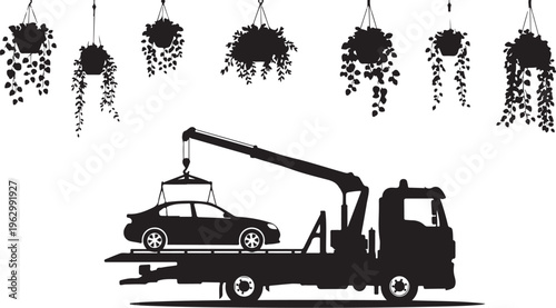Black silhouette of car being lifted onto flatbed tow truck under hanging plants