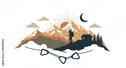 Mountain scene with hiker looking at sunrise vector illustration