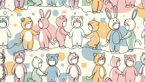 A whimsical pattern featuring children in colorful animal costumes, celebrating friendship and playfulness through their adorable interactions.
