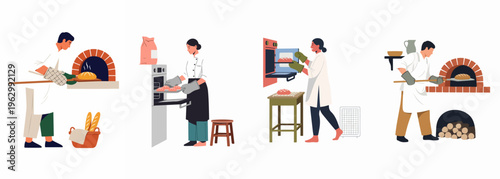 Flat illustration of professional bakers in white uniforms using traditional brick and modern electric ovens to bake various types of fresh bread and rolls.