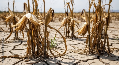 Drought devastates cornfield with cracked earth and withered crops under a hazy sky