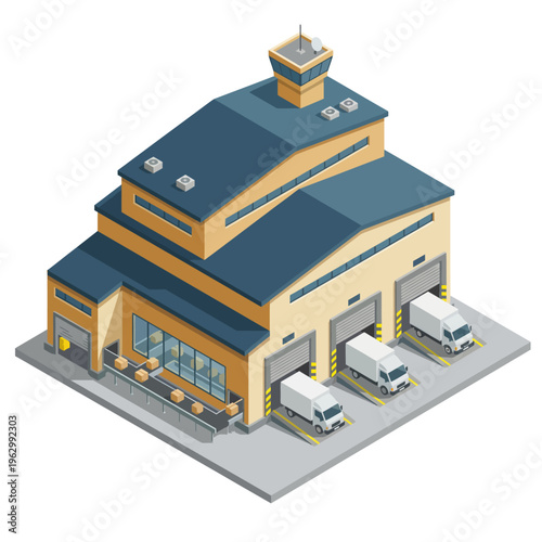 An isometric illustration of a stylish warehouse with delivery trucks, representing an efficient logistics hub essential for modern supply chain management and distribution.