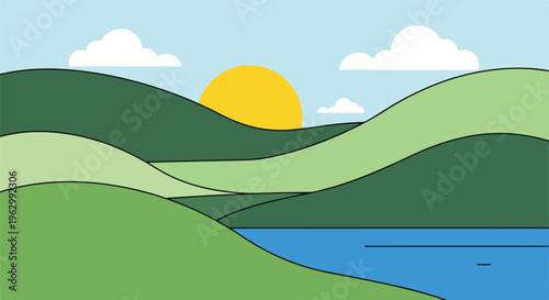 A vibrant minimalist landscape of rolling hills, sun, clouds, and water