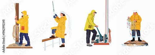 Collection of flat illustrations depicting fishermen in yellow raincoats performing various maritime tasks like rigging and handling fishing nets on a ship deck.