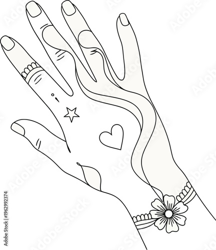 Simple line art drawing of an open hand adorned with beautiful henna temporary tattoo designs and symbols