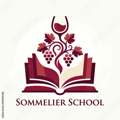 This image features a sophisticated logo for a sommelier school, depicting a wine glass and grapevine emerging from an open book, symbolizing wine education and knowledge.