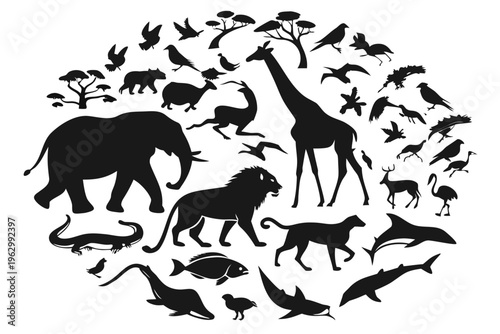African animals silhouettes: elephant, lion, giraffe, dolphi
