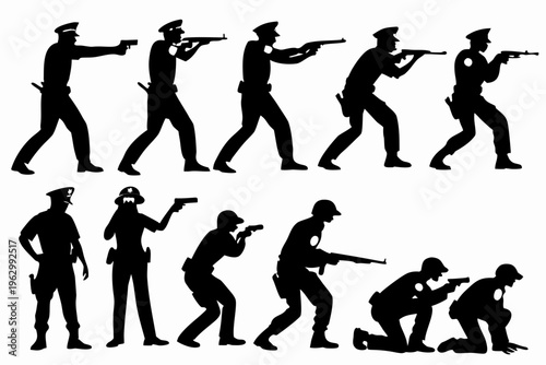 Police action silhouettes with guns with images show officer