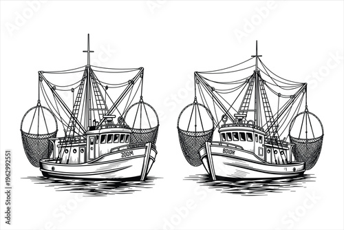 Fishing boat with net vintage sketch of ship