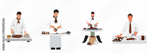 Set of professional male chocolatiers working with melted chocolate, tempering, pouring, and making handmade truffles on marble surfaces.