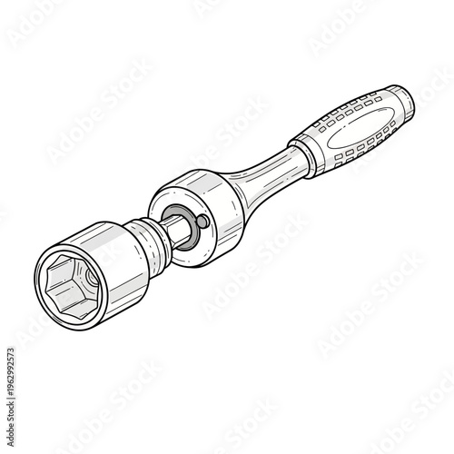 Line drawing of a ratchet wrench with a hexagonal socket, a common hand tool for mechanical tasks.