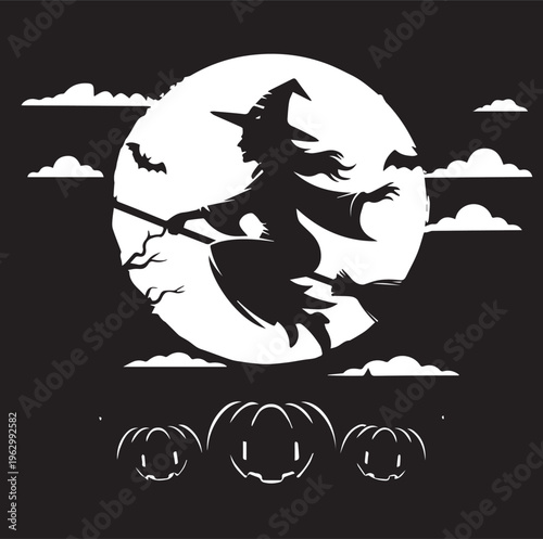 Mystical Witch Silhouette Flying on Broomstick Against a Night Sky