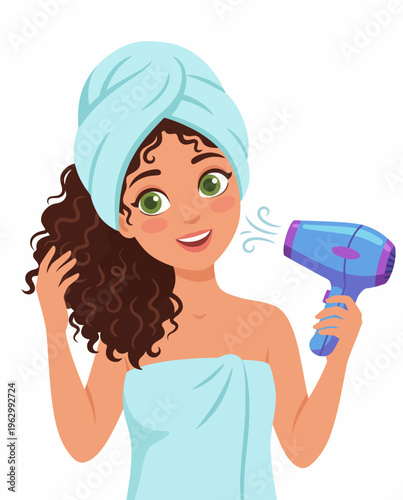 A cheerful woman wrapped in a towel, drying her curly hair with a hair dryer while smiling, highlighting self-care and beauty routines in a vibrant illustration.
