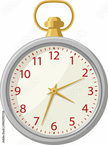 A finely detailed illustration of a classic pocket watch, featuring a golden handle and intricate clock face, ideal for vintage themes and time-related concepts in design.