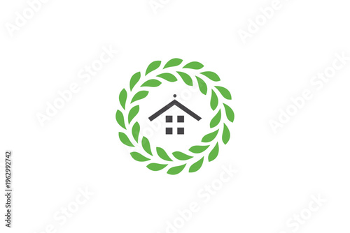 Modern Eco-Friendly House in Leaf Wreath Logo Vector