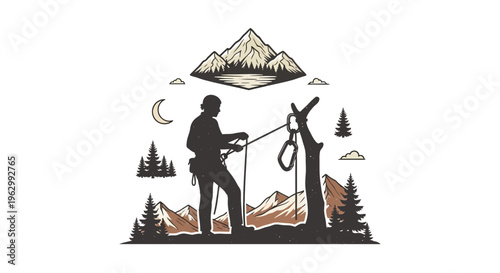 Silhouette of a climber preparing for ascent with mountains background